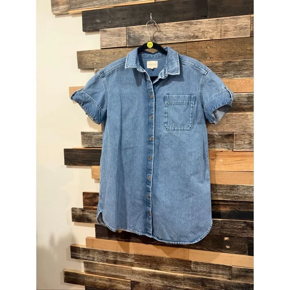 Sézane Denim Mini Short-Sleeve cotton Ana Shirt Dress oversized size 34 - Picture 2 of 9
